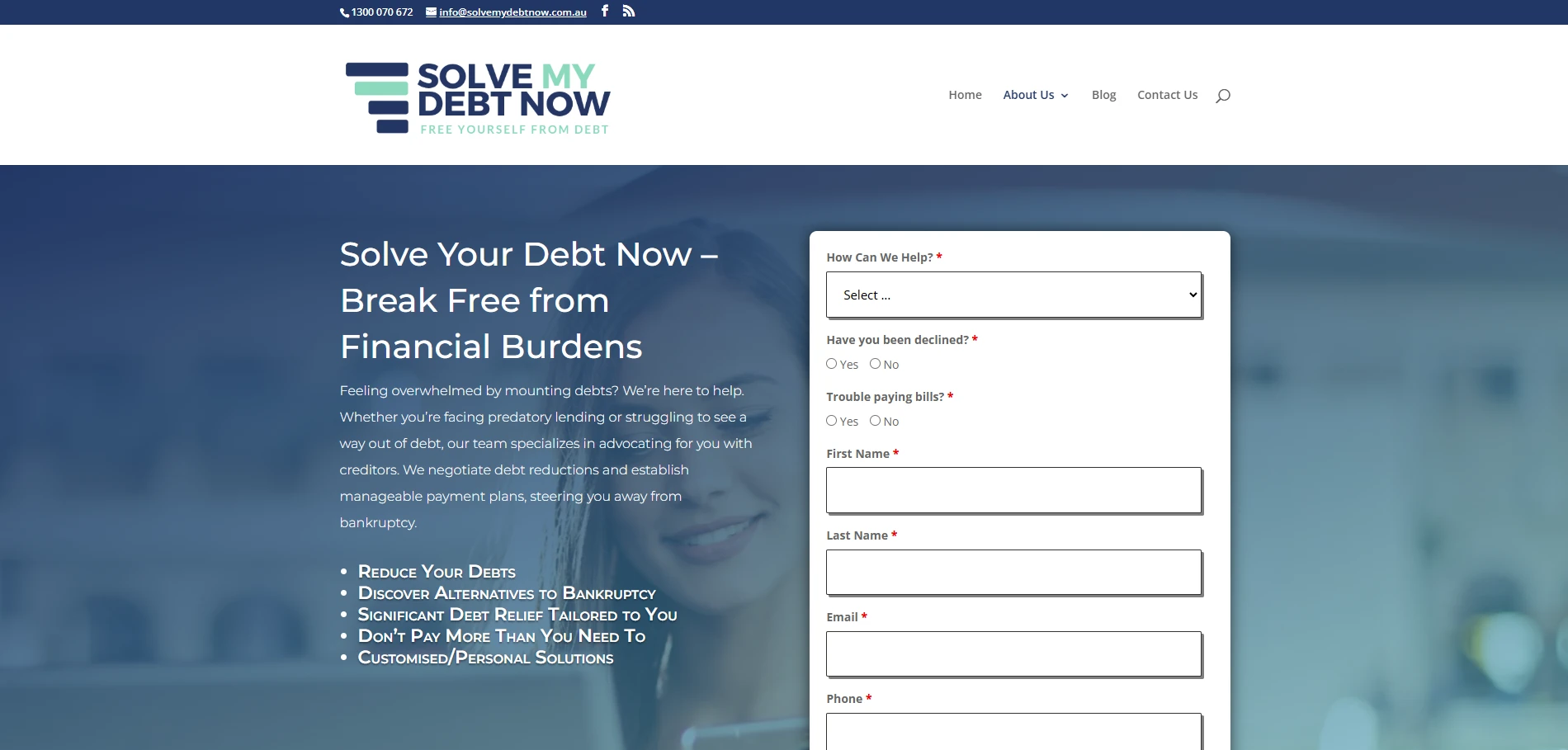 SolveMyDebtNow Contact-us page Implementation Screenshot
