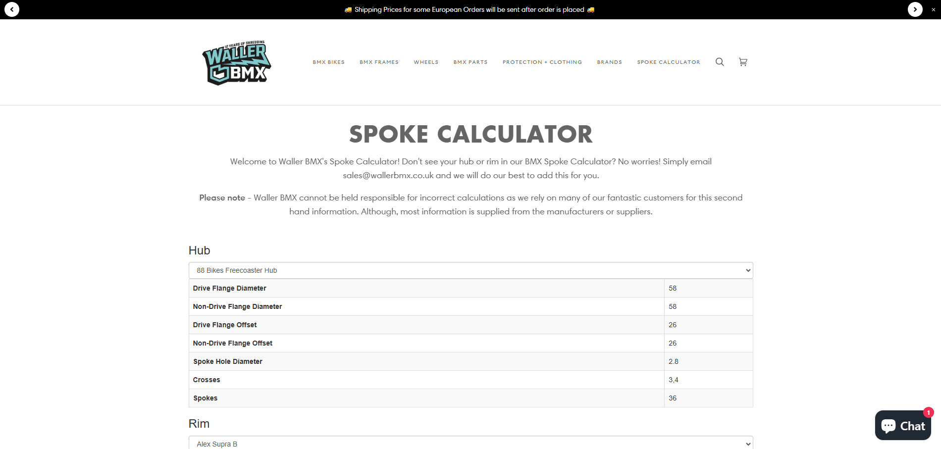 Waller bmx-spoke-calculator page Implementation Screenshot