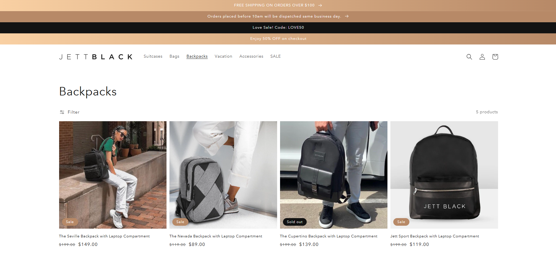Jett Black Backpack Collection page Implementation Screenshot