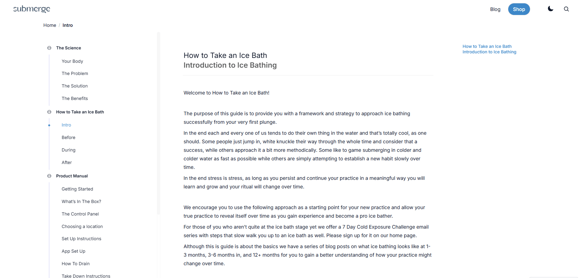 Submerge Ice Bath Intro Page Implementation Screenshot