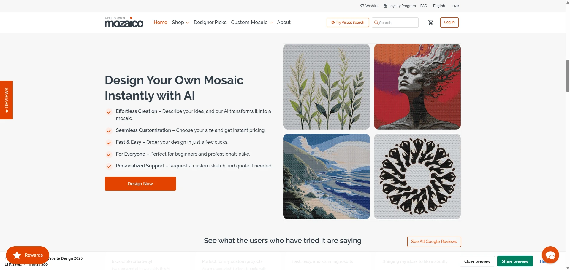Mozaico Custom Designs Implementation Screenshot