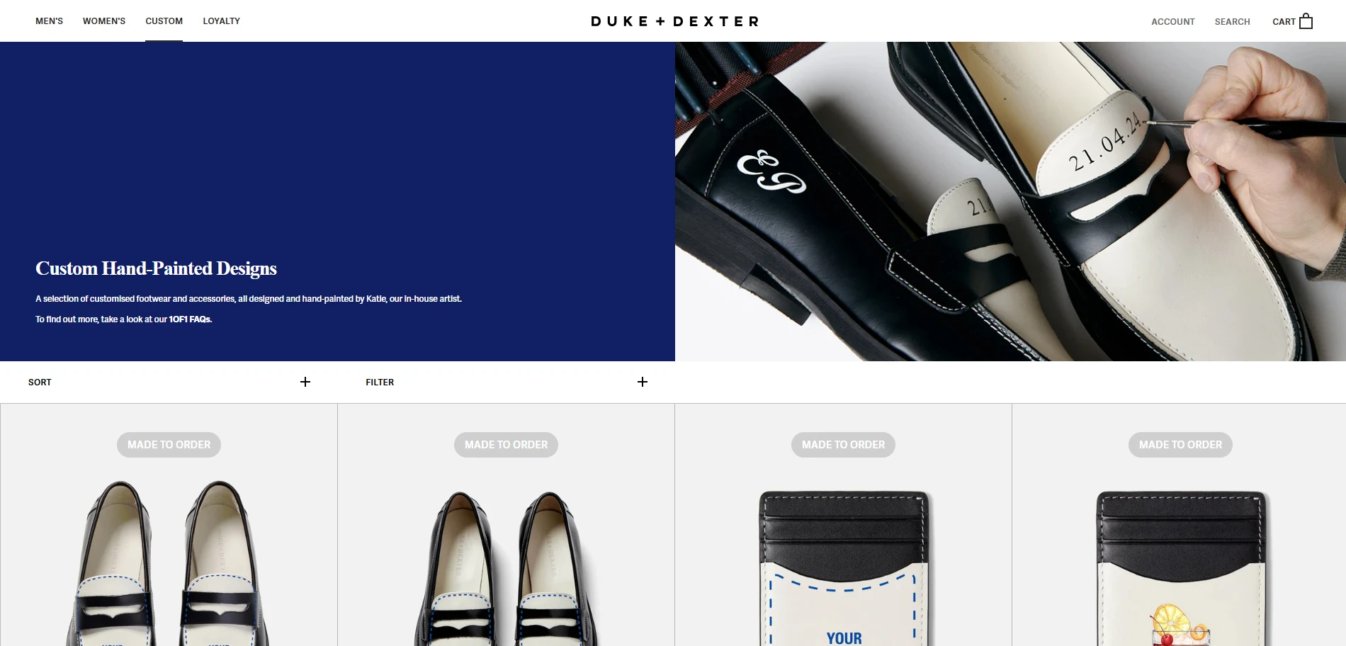 Duke and Dexter Custom Hand-Painted shoes Page Implementation Screenshot