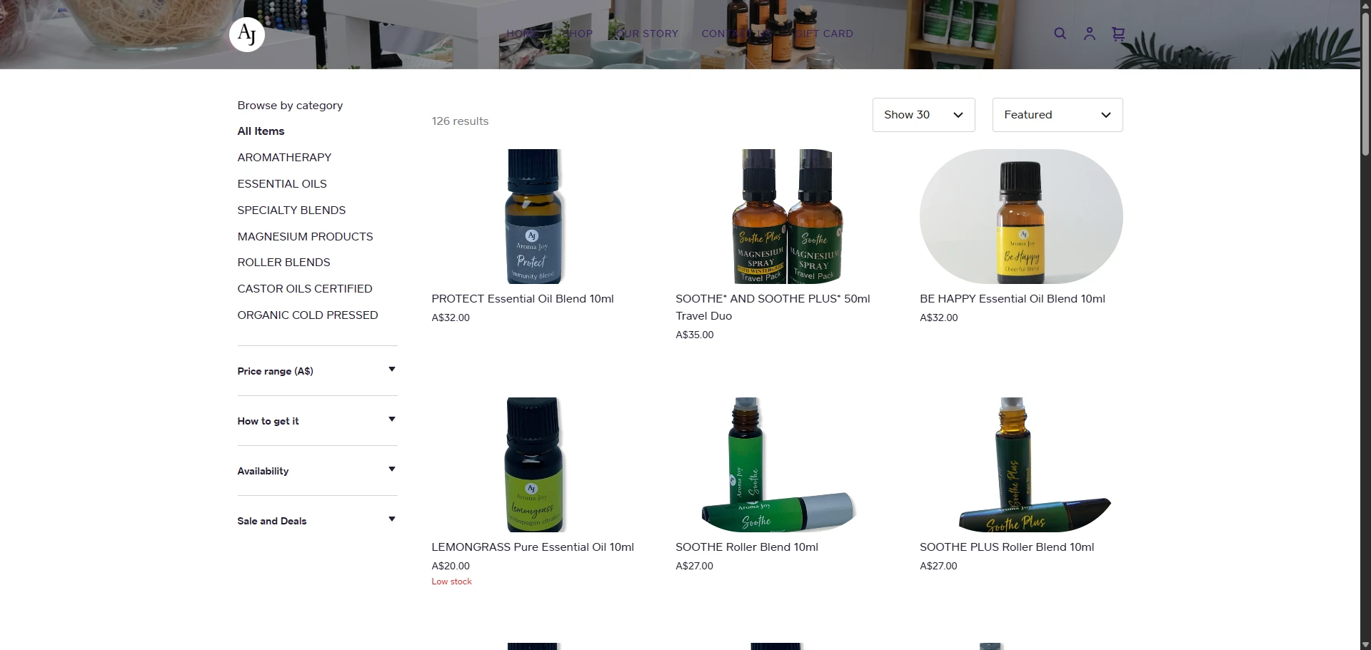 Aroma Joy Shop page Implementation Screenshot
