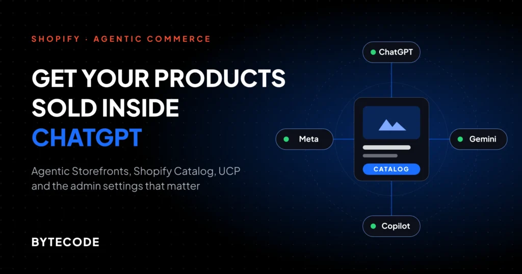 Agentic commerce Shopify featured graphic showing a product card flowing from Shopify Catalog to ChatGPT, Gemini, Copilot and Meta